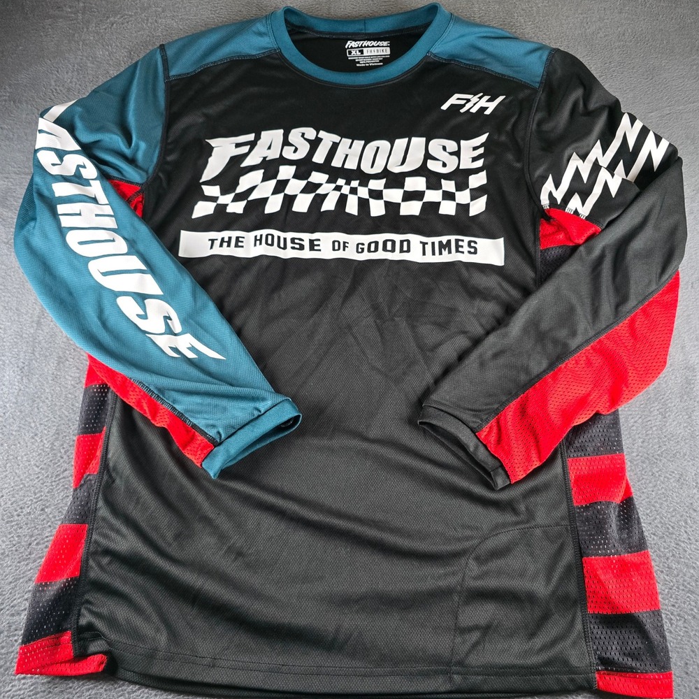 Fasthouse FH Bike Jersey Mens XL Black Red Teal Long Sleeve MTB Mountain Bike